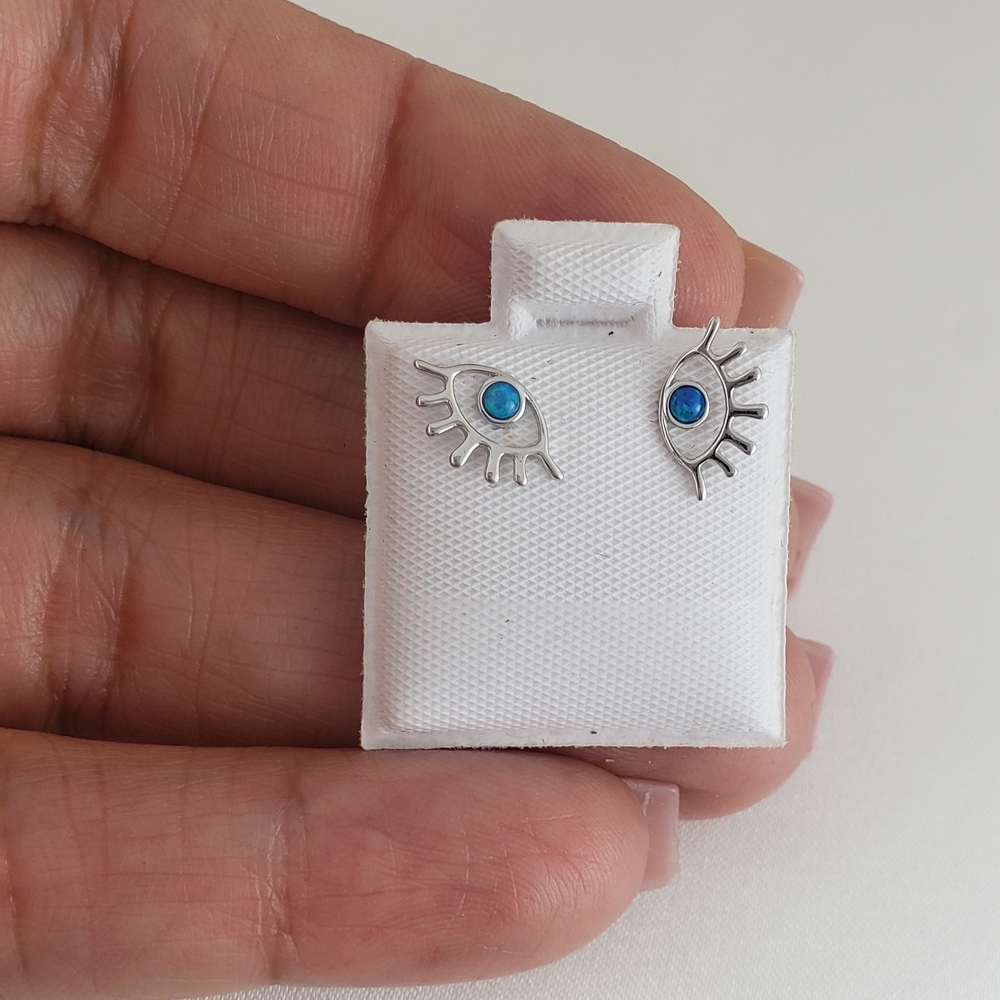 925 Sterling Silver Blue Opal Stud Earrings